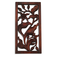 Wooden Orchid Wallhanging, Hand Carved From Suar Wood With Brown Polished
