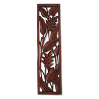 Wooden Banana Leaf Wallhanging, Hand Carved From Suar Wood With Brown Polished