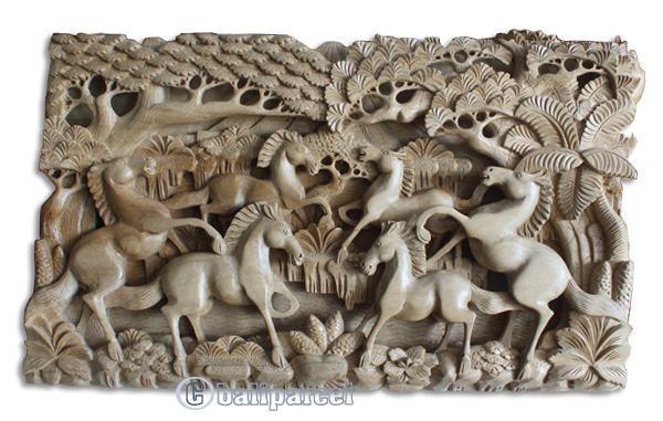 Wooden 6 Horse Wallhanging, Hand Carved From Suar Wood With Natural Polished