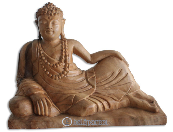 Wooden Buddha Relaxed Hand Carved From Suar Wood Natural Polished