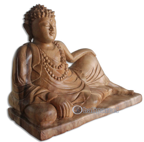 Wooden Buddha Relaxed Hand Carved From Suar Wood Natural Polished