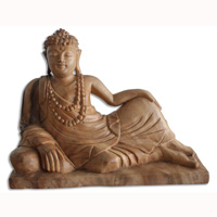 Wooden Buddha Relaxed Hand Carved From Suar Wood Natural Polished