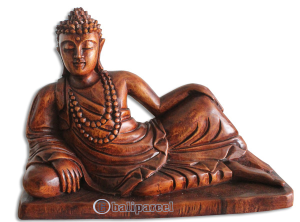 Wooden Buddha Relaxed Hand Carved From Suar Wood Brown Polished