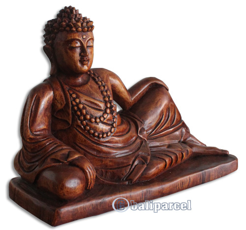 Wooden Buddha Relaxed Hand Carved From Suar Wood Brown Polished