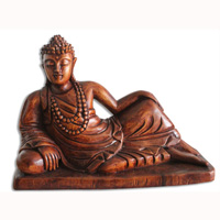 Wooden Buddha Relaxed Hand Carved From Suar Wood Brown Polished