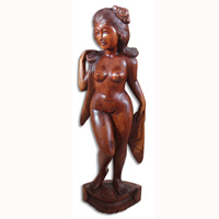 Wooden Balinese Statue, Hand Carved From Suar Wood Brown Polished