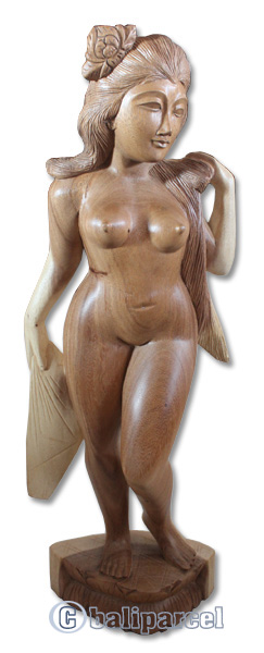 Wooden Balinese Statue, Hand Carved From Suar Wood Natutral Polished