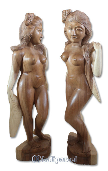 Wooden Balinese Statue, Hand Carved From Suar Wood Natutral Polished