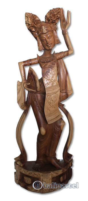 Wooden Legong Dance Statue, Hand Carved From Suar Wood Natural Polished