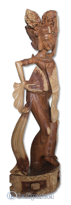 Wooden Legong Dance Statue, Hand Carved From Suar Wood Natural Polished