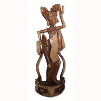Wooden Legong Dance Statue, Hand Carved From Suar Wood Natural Polished