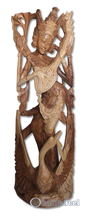 Wooden Dewi Saraswati Statue, Hand Carved From Suar Wood Natural Polished