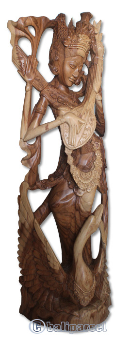 Wooden Dewi Saraswati Statue, Hand Carved From Suar Wood Natural Polished
