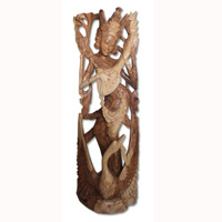 Wooden Dewi Saraswati Statue, Hand Carved From Suar Wood Natural Polished