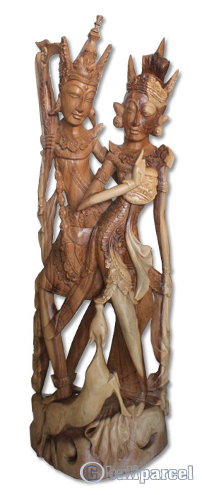 Wooden Rama Sita Statue, Hand Carved From Suar Wood Natural Polished