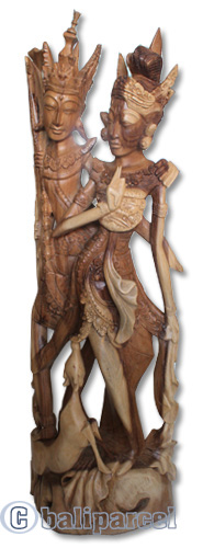 Wooden Rama Sita Statue, Hand Carved From Suar Wood Natural Polished