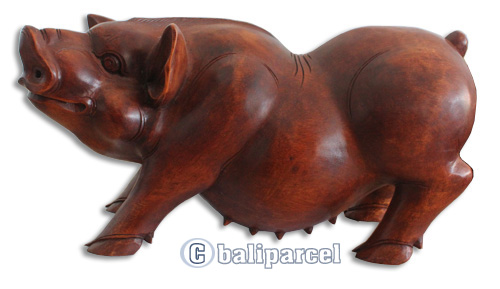 Wooden Pig Hand Carved From Suar Wood With Brown Polished