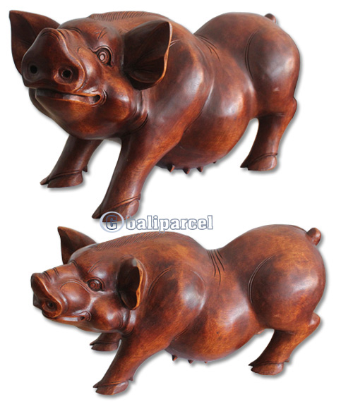 Wooden Pig Hand Carved From Suar Wood With Brown Polished