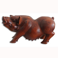 Wooden Pig Hand Carved From Suar Wood With Brown Polished