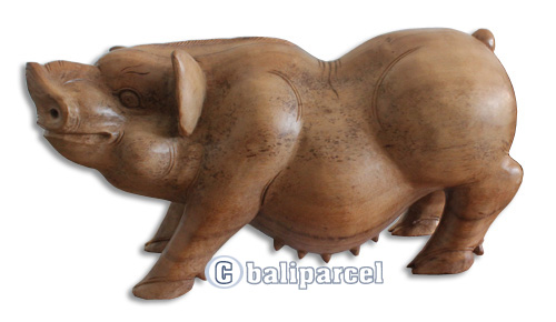 Wooden Pig Hand Carved From Suar Wood With Natural Polished