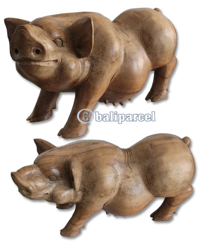 Wooden Pig Hand Carved From Suar Wood With Natural Polished