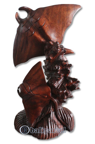 Wooden 2 Manta Ray, Handcarved From Suar Wood Brown Polished