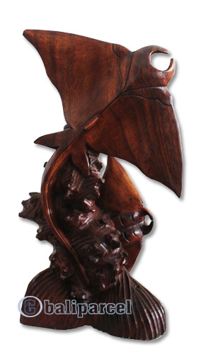 Wooden 2 Manta Ray, Handcarved From Suar Wood Brown Polished