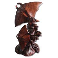 Wooden 2 Manta Ray, Handcarved From Suar Wood Brown Polished