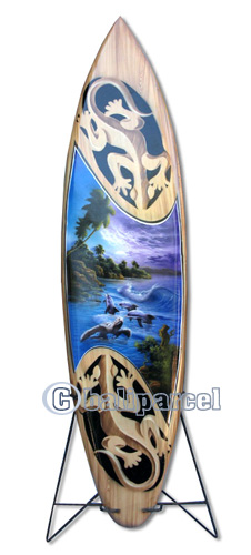 Wooden Surfboard Airbrused, Handcarved From Pinus Wood 
