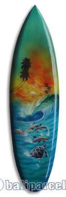 Wooden Surfboard Airbrused, Handcarved From Pinus Wood 