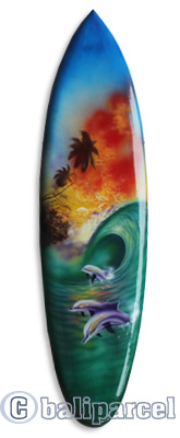 Wooden Surfboard Airbrused, Handcarved From Pinus Wood 