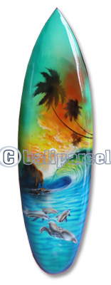 Wooden Surfboard Airbrused, Handcarved From Pinus Wood 