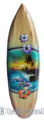 Wooden Surfboard Airbrused, Handcarved From Pinus Wood