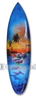 Wooden Surfboard Airbrused, Handcarved From Pinus Wood 