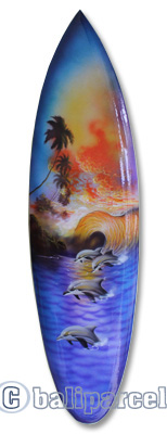 Wooden Surfboard Airbrused, Handcarved From Pinus Wood