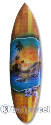 Wooden Surfboard Airbrused, Handcarved From Pinus Wood 