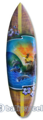 Wooden Surfboard Airbrused, Handcarved From Pinus Wood 
