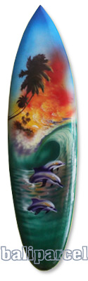 Wooden Surfboard Airbrused, Handcarved From Pinus Wood 