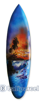 Wooden Surfboard Airbrused, Handcarved From Pinus Wood 