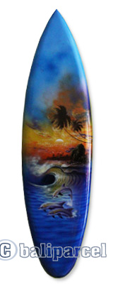 Wooden Surfboard Airbrused, Handcarved From Pinus Wood 