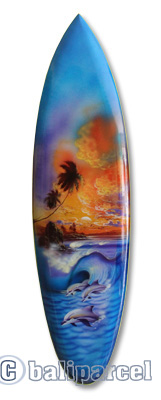 Wooden Surfboard Airbrused, Handcarved From Pinus Wood