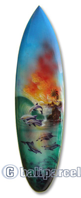 Wooden Surfboard Airbrused, Handcarved From Pinus Wood