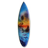 Wooden Surfboard Airbrused, Handcarved From Pinus Wood 