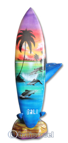 Wooden Surfboard Airbrused, Handcarved From Pinus Wood / Included Stand