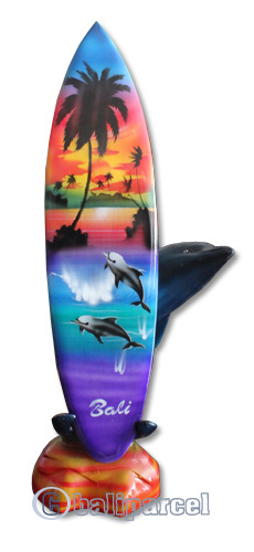 Wooden Surfboard Airbrused, Handcarved From Pinus Wood / Included Stand