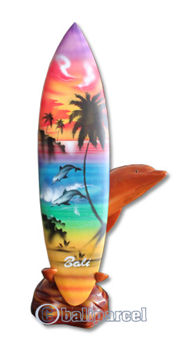 Wooden Surfboard Airbrused, Handcarved From Pinus Wood / Included Stand