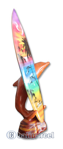 Wooden Surfboard Airbrused, Handcarved From Pinus Wood / Included Stand