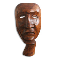 Wooden Mask Carving, Hand Carved From Hibiscus Wood With Brown Polished