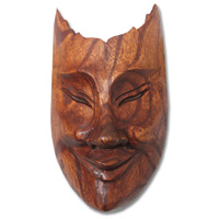 Wooden Mask Carving, Hand Carved From Hibiscus Wood With Brown Polished