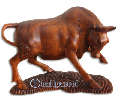Handcarved Wooden Buffalo, Made From Suar Wood With Brown Polished